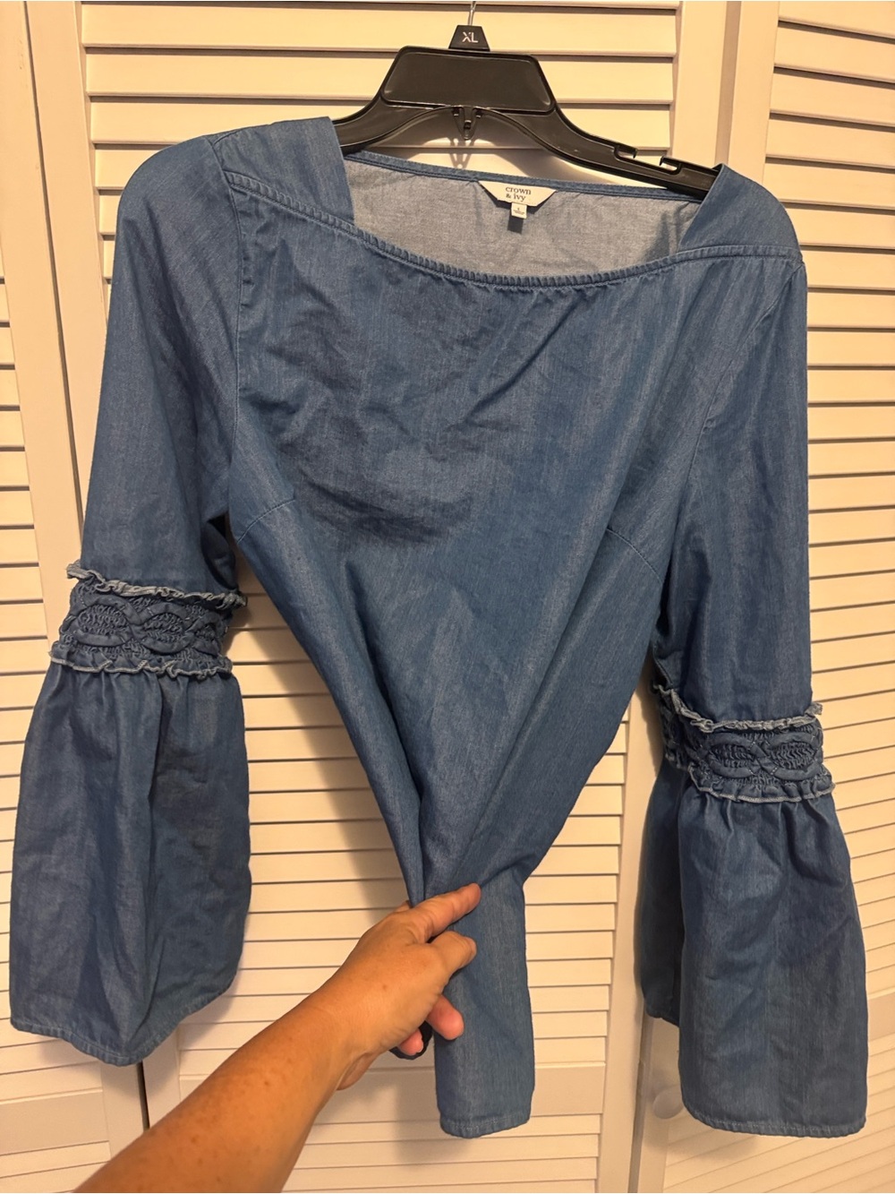 crown & ivy Blue Chambray Bell Sleeve Blouse - Picture 1 of 6